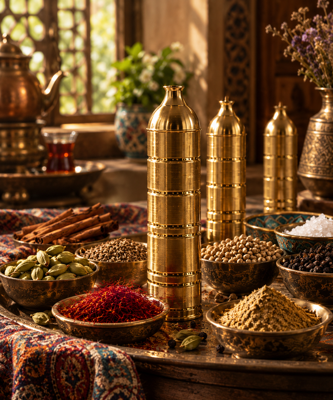 زعفرانساب برنجی سنتی | آسیاب دستی زعفران، هل، دارچین و ادویهجات