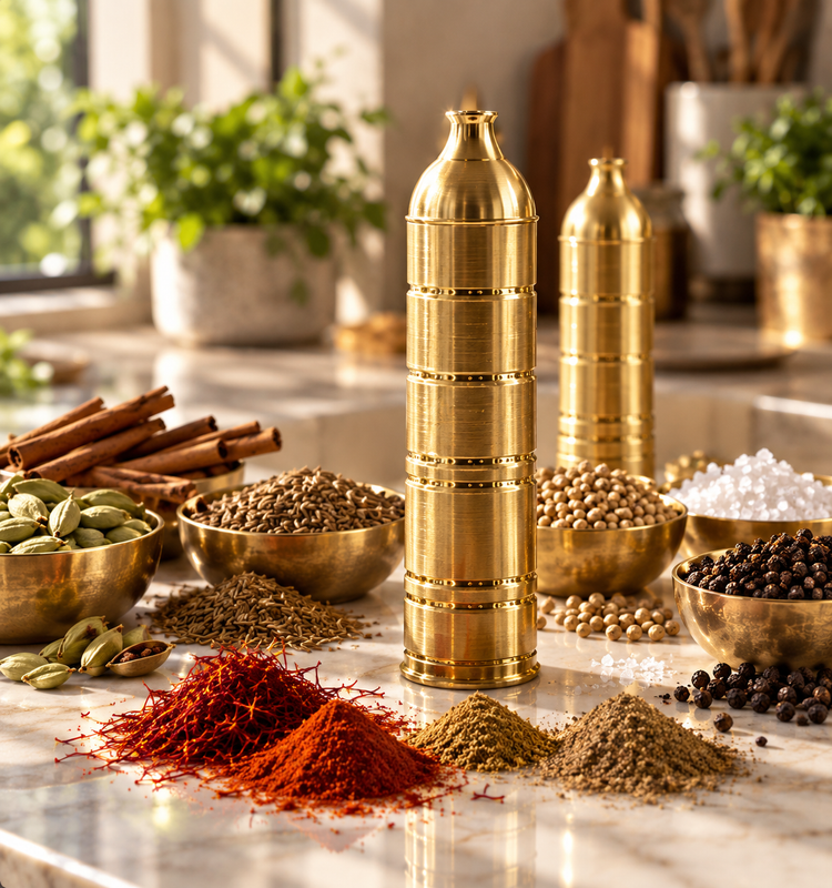 زعفرانساب برنجی سنتی | آسیاب دستی زعفران، هل، دارچین و ادویهجات